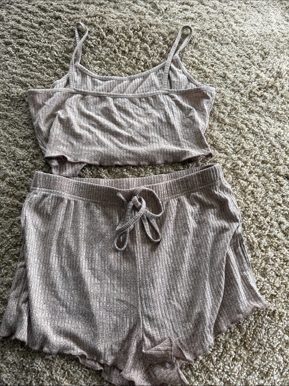 Ribbed Spaghetti Strap Cami & Shorts Sleep Set - Taupe
